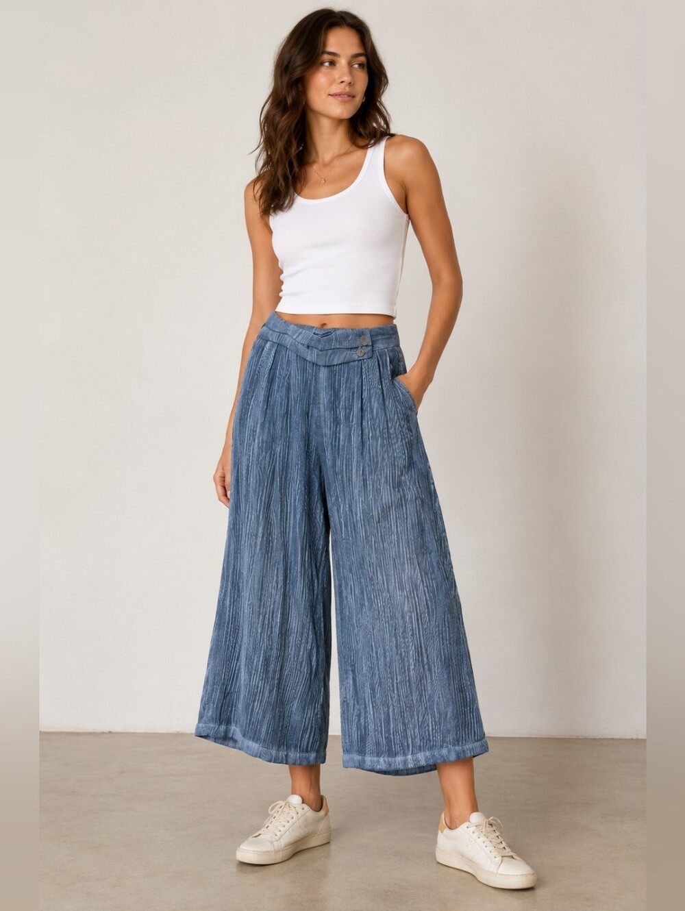 Women’s Wide-Leg Pleated Culotte Pants - Slate Blue